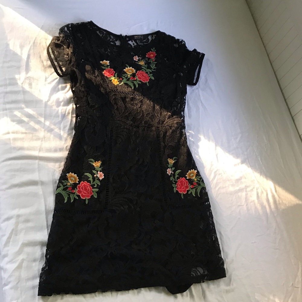 black embroidered mini dress